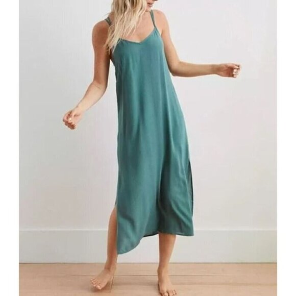 Aerie Dress Womens Medium Blue Green Gauzy Midi Strappy Side Slits Modal Boho - Picture 1 of 9